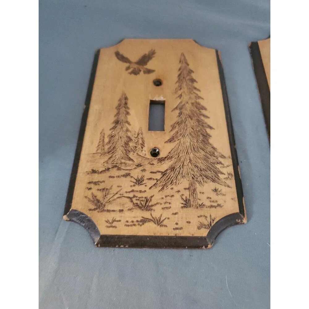 2 Vintage 1977 MCM Wood Eagle Pine Trees Forest Single-Light Switch Plate LN